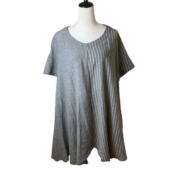 Moyuru Asymmetrical Pullover Oversized Cotton Linen Gray Striped Tunic Lagenlook - Picture 1 of 12